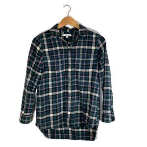 Madewell Womens XS Plaid Button Up Flannel Shirt Green Pink Pockets 100% Cotton